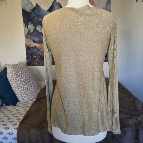 Vince Camuto Gold Metallic Lurex Sweater Women Sz S Ribbed Bell Sleeve Boat Neck - Picture 4 of 15